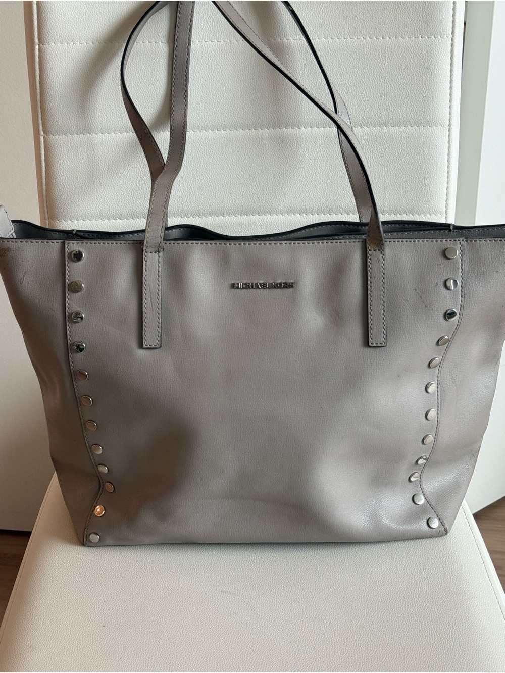 Michael Kors Rivington Silver Gray Leather Studded Tote